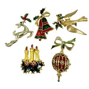 Christmas Holiday Pins Brooch 5 Dove Ornament Deer Candles Bells Vintage Gerrys